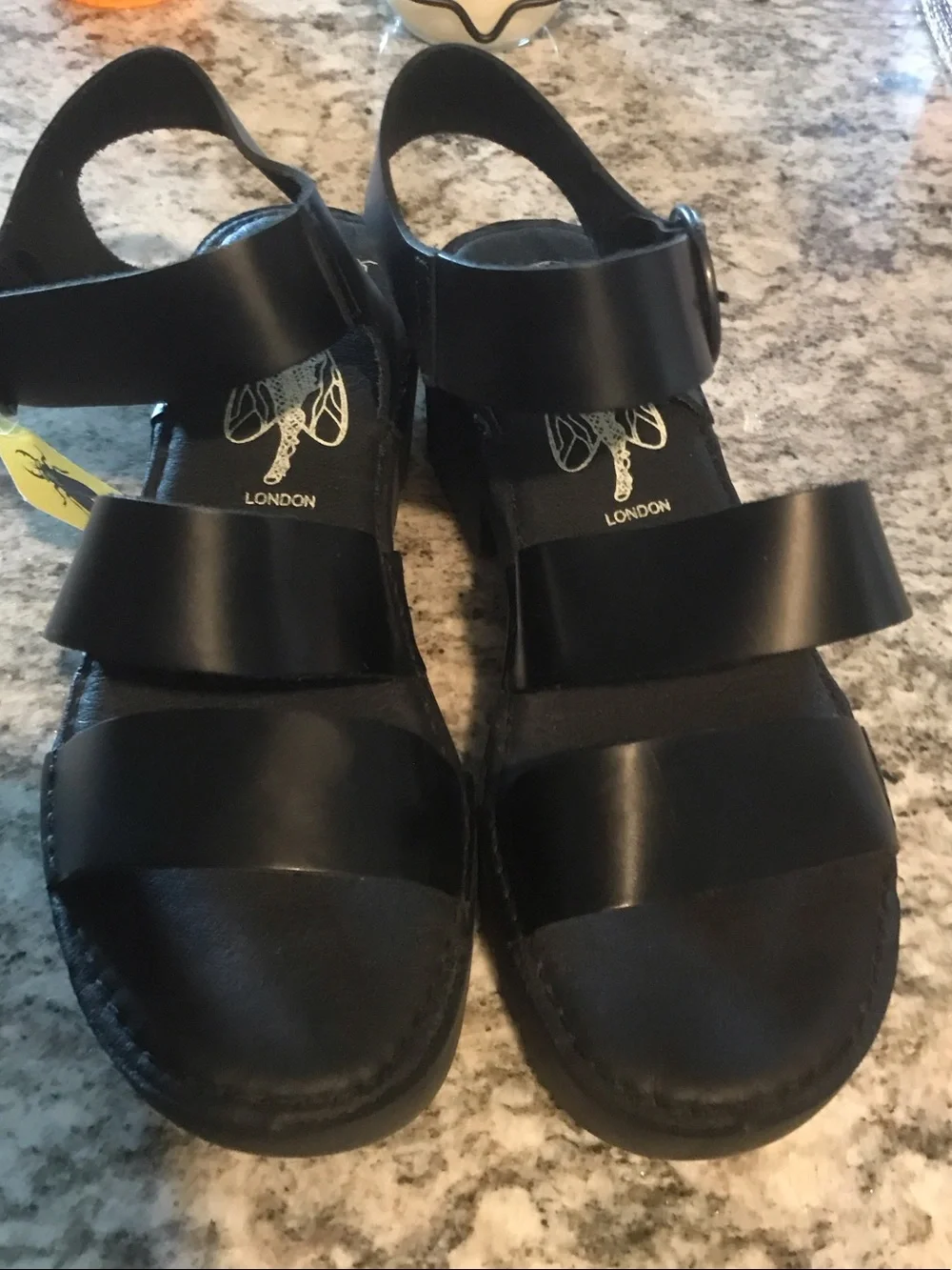 Fly London Black Leather Wedge Sandals